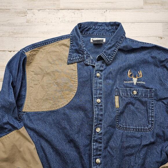 Columbia Blue Jean Denim Hunting Shirt Button Up Size L Shooting Padded Shoulder - Picture 2 of 7